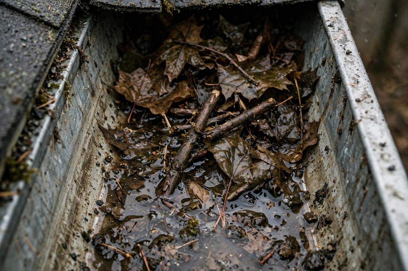 A gutter trough clogged with leaves and standing water