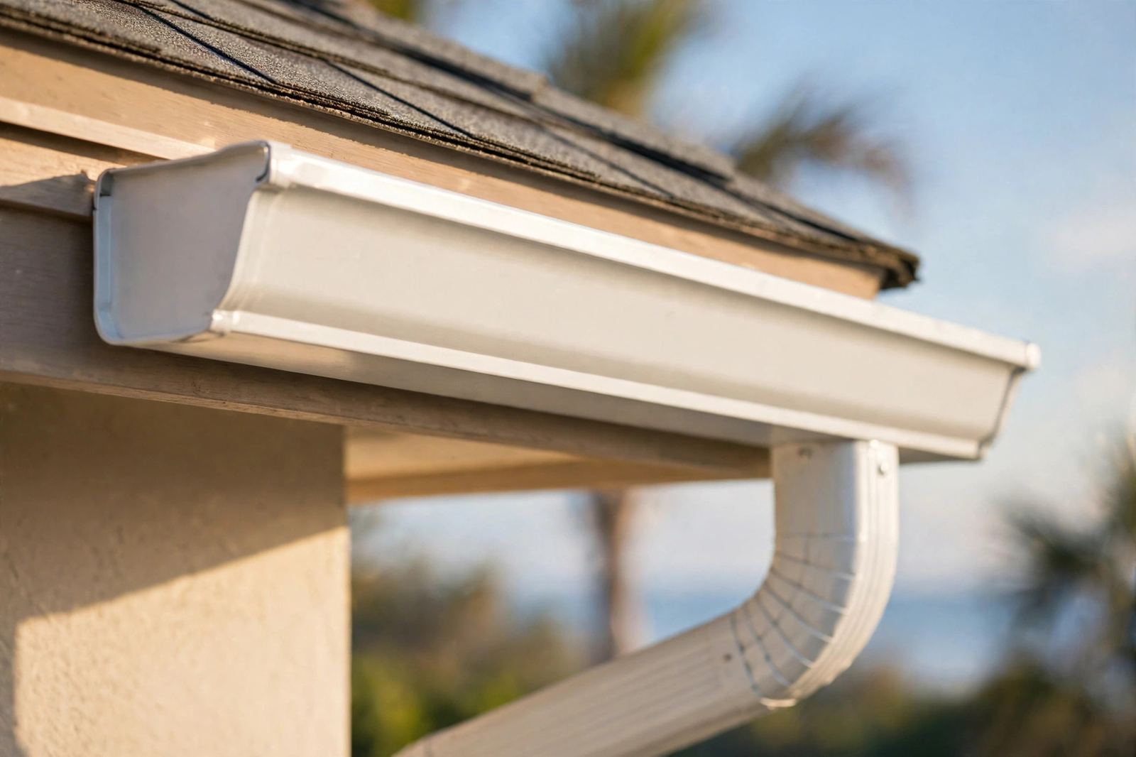 A clean aluminum gutter run with a downspout on a coastal Newport Beach home